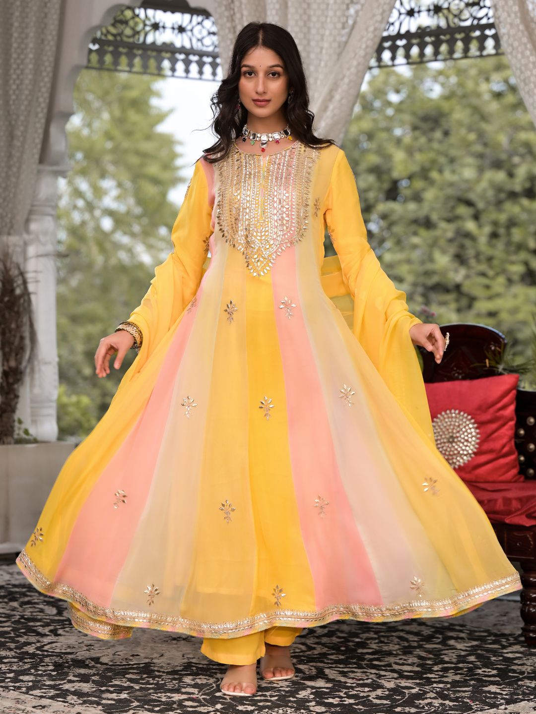 Divena Yellow Gota Patti Embroidered Banarsi Georgette Kurta Set with Organza Dupatta