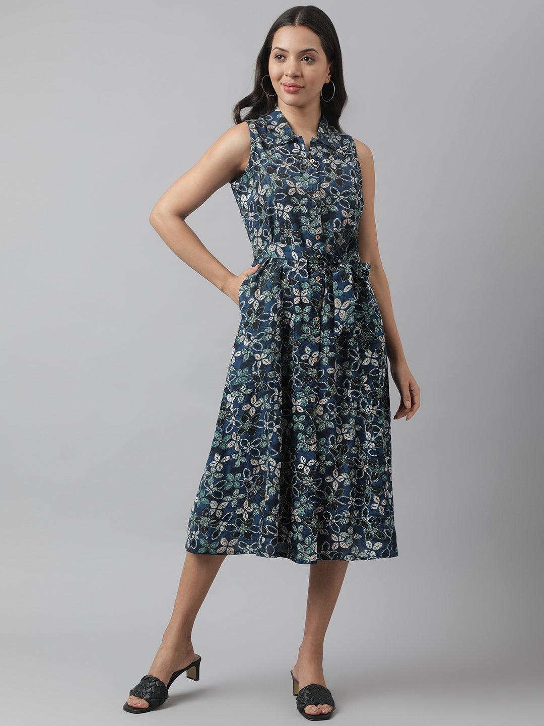 Divena Rayon Navy Blue A-Line Floral Printed Midi Dress