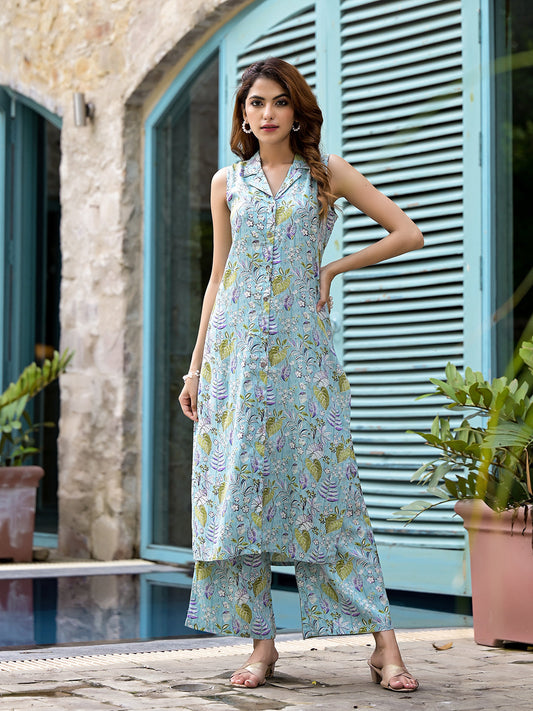 Divena Sky Blue Floral Printed  A-Line Rayon Kurta Set