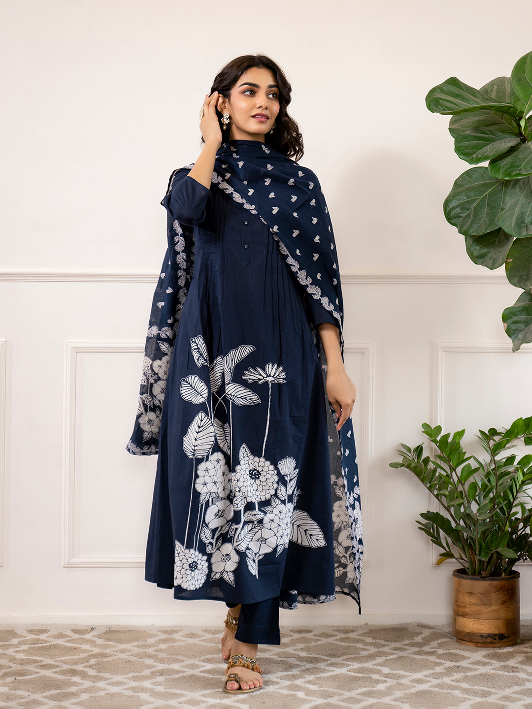 Divena Navy Blue Printed A-Line Cotton Kurta Set