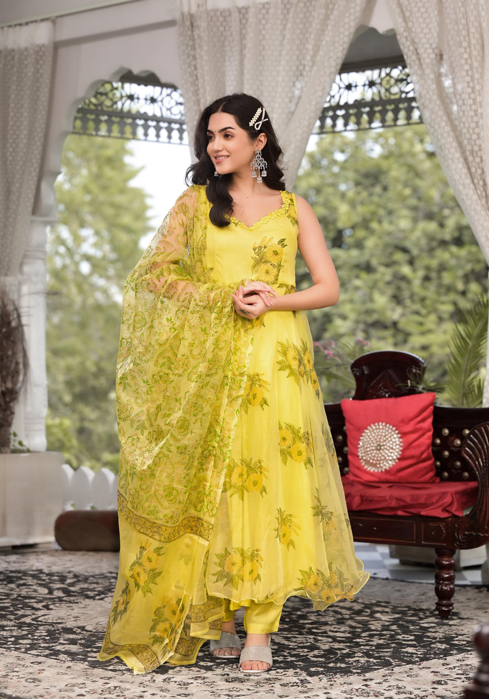 Divena Light Yellow Hand Painted Floral Organza Anarkali Kurta Pant Set with Dupatta