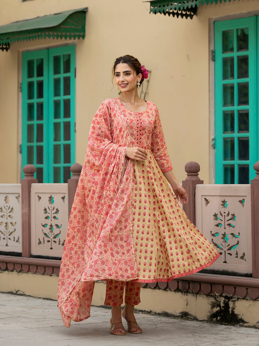 Divena Peach Floral Print Pure Cotton Anarkali Kurta & Trouser with Dupatta