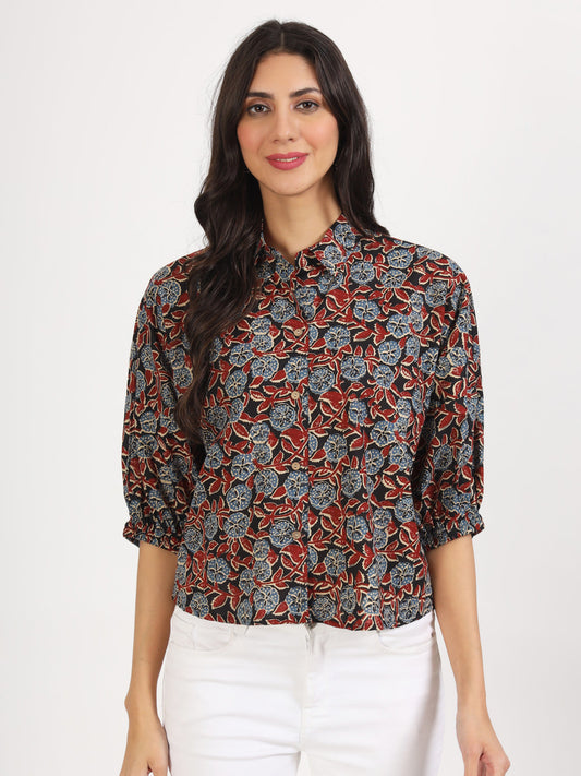 Divena Black Floral Printed Cotton Tops