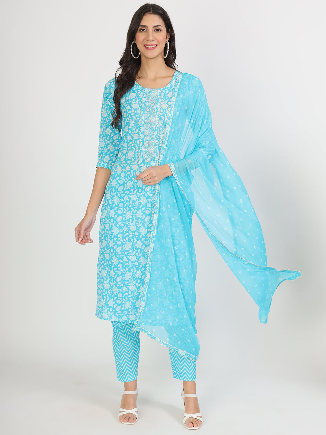 Divena turquoise blue Floral Print Cotton Kurta pants with Dupatta set for women