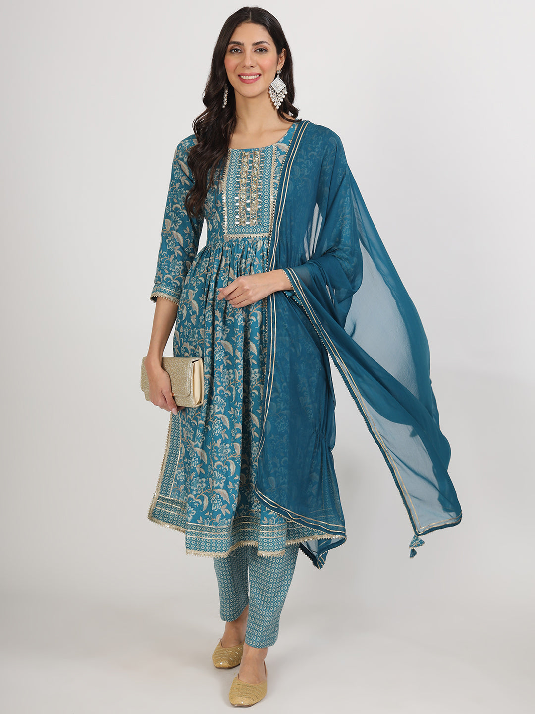 Divena Teal Blue Floral Print Cotton Nyra Cut Kurta pants with Dupatta set