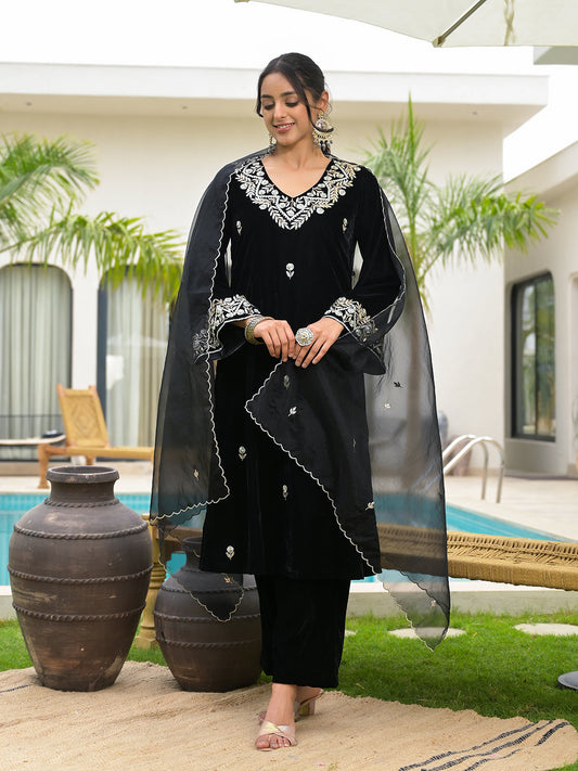 Divena Embroidered Black Velvet Kurta Pant Dupatta Set for Women