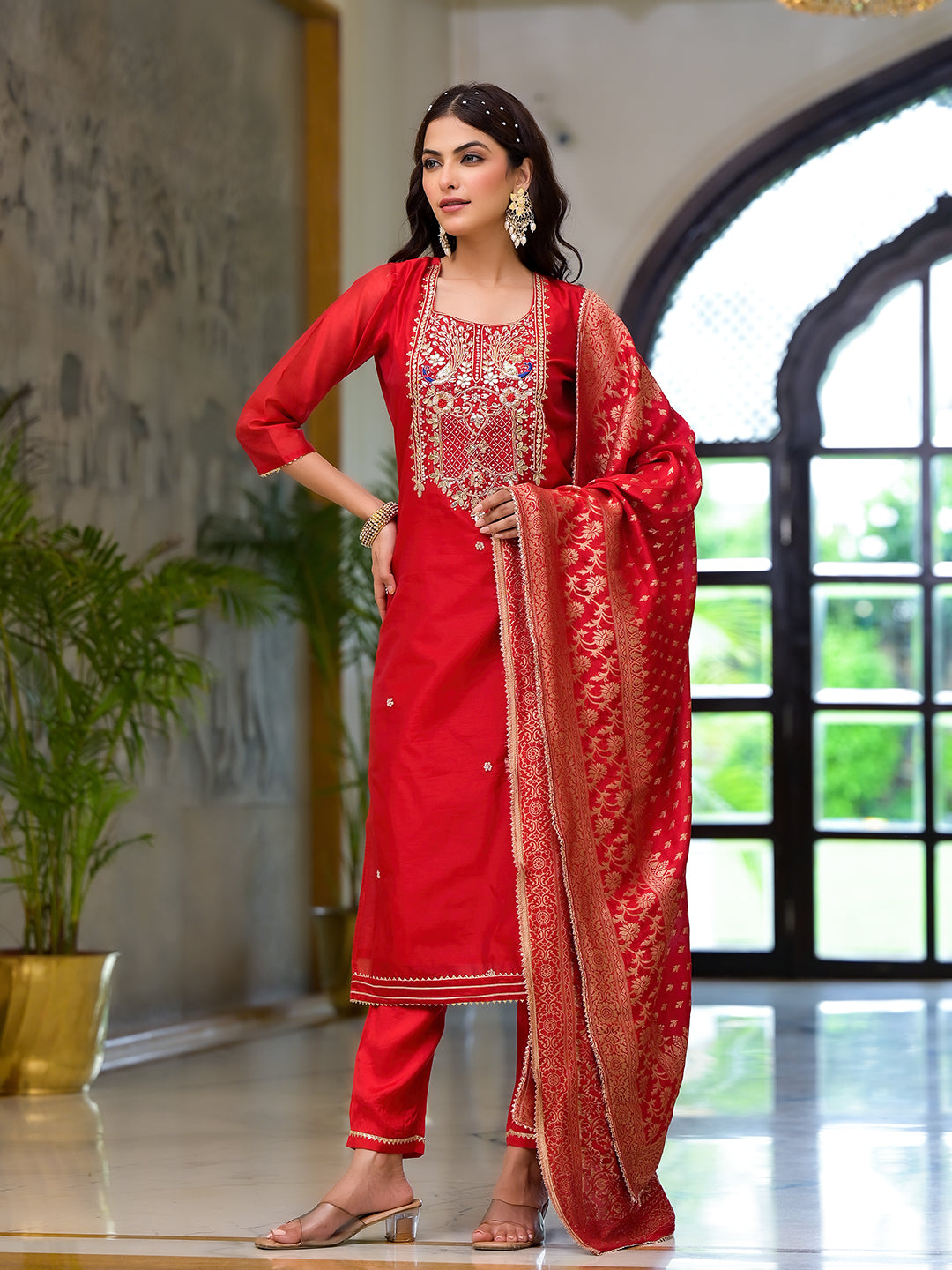 Divena Red Embroidered Chanderi Silk Kurta pants with Banarashi Dupatta