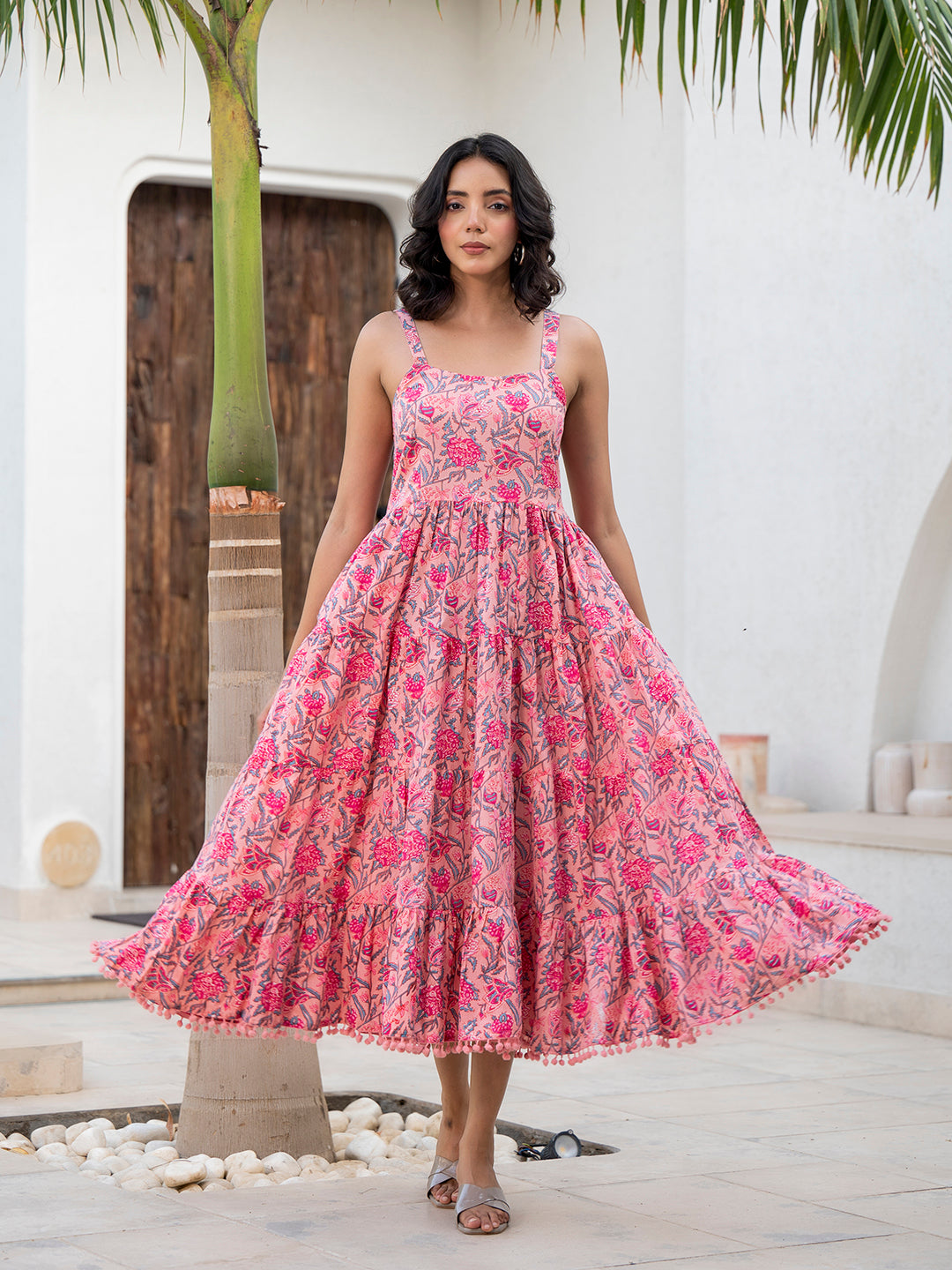 Divena Pink Floral Printed Shoulder Strip Calf Long Ethnic Dress for Women