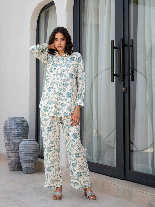 Divena White & Green Floral Printed Rayon Co-ord Set