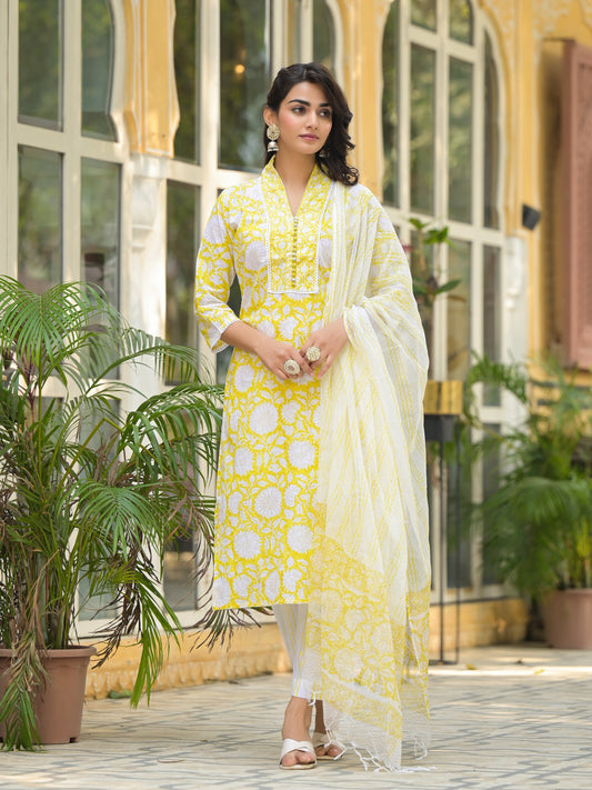 Divena Yellow Hand Block Print Pure Cotton Straight Kurta Set