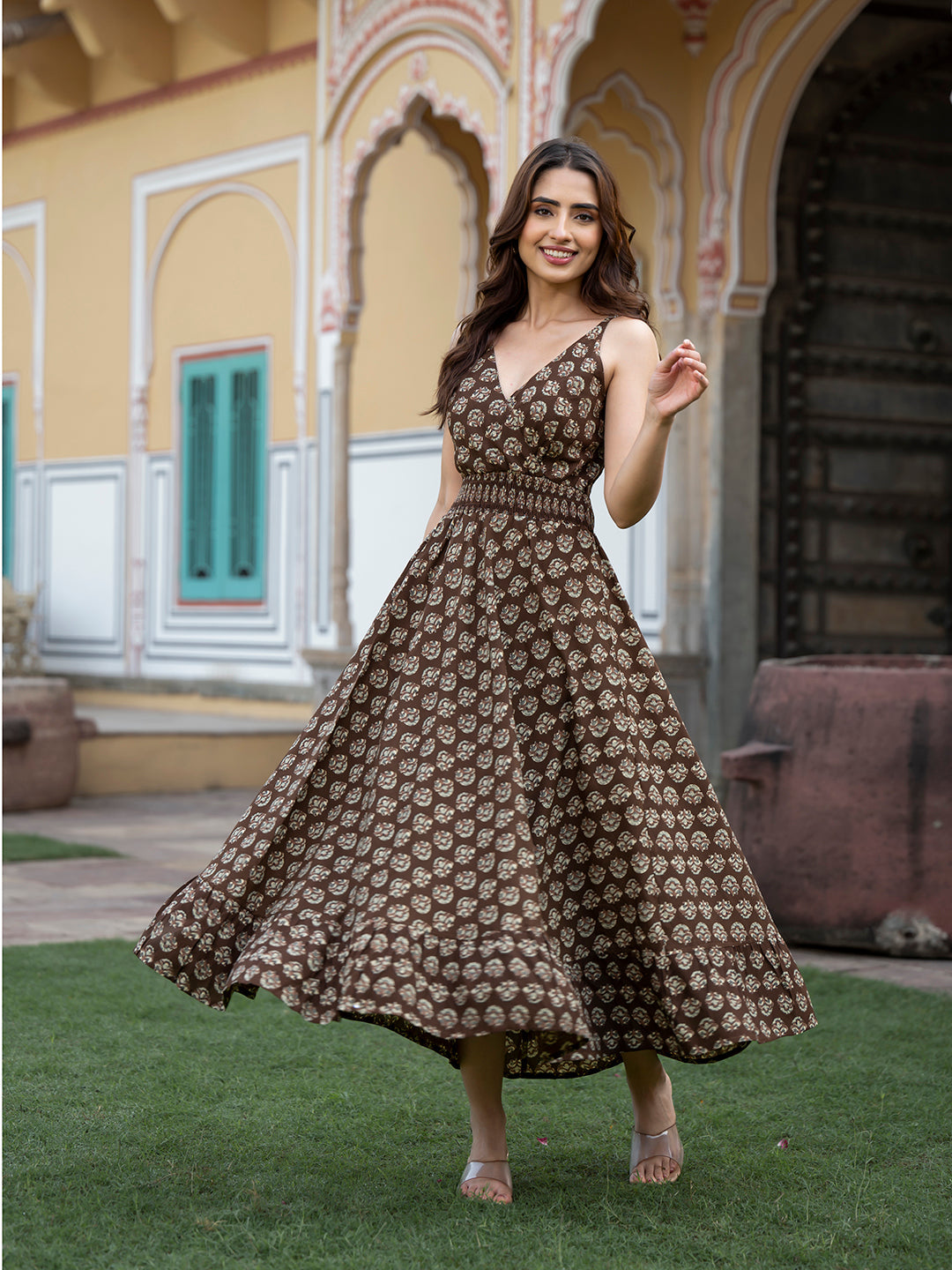 Divena Brown Floral Print Pure Cotton Fit & Flare Dress