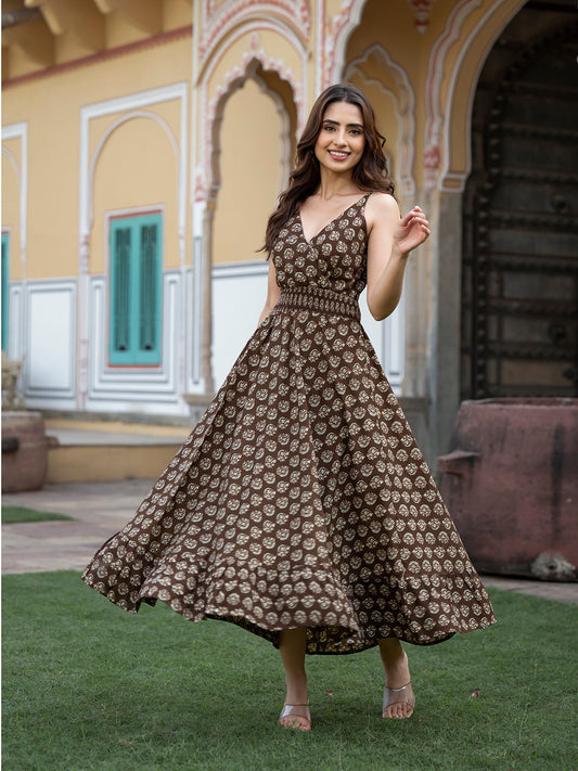 Divena Brown Floral Print Pure Cotton Fit & Flare Dress