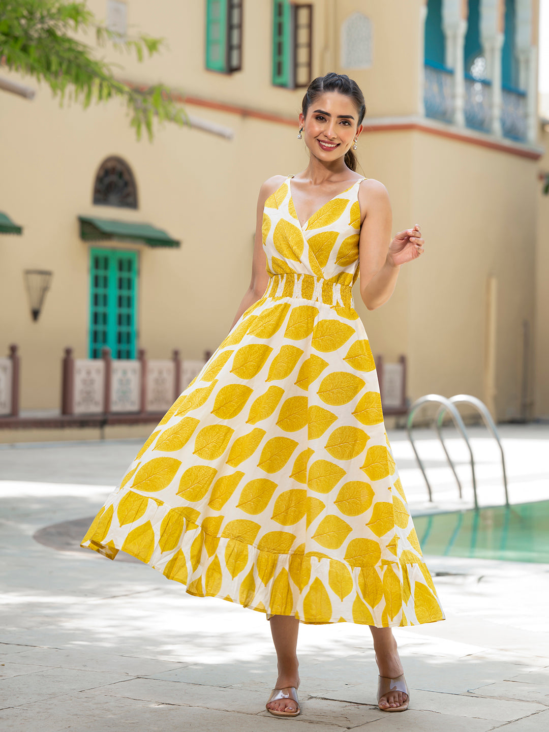 Divena Yellow Printed Pure Cotton Fit & Flare Dress