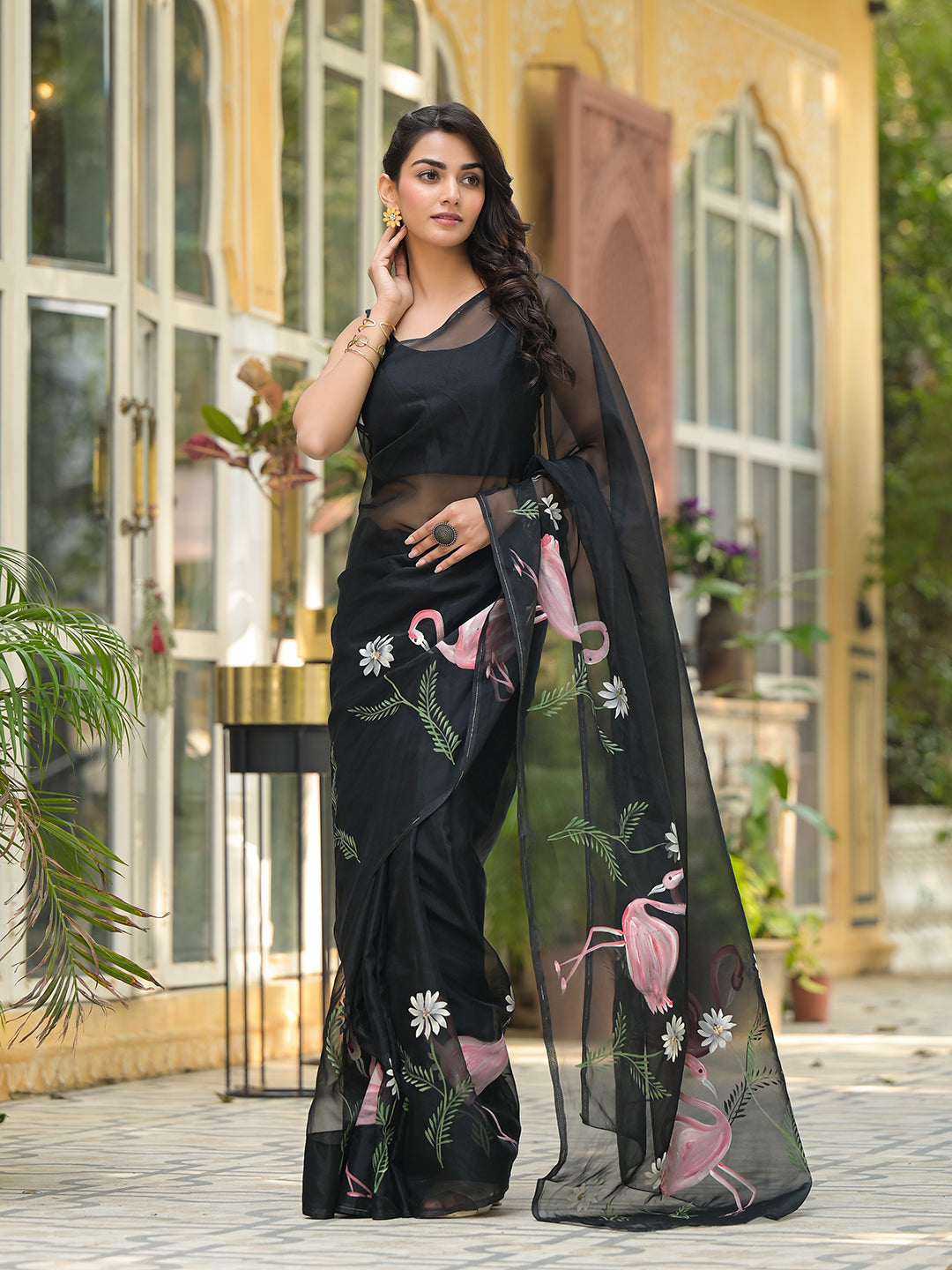 Divena Black Hand painted Organza Saree