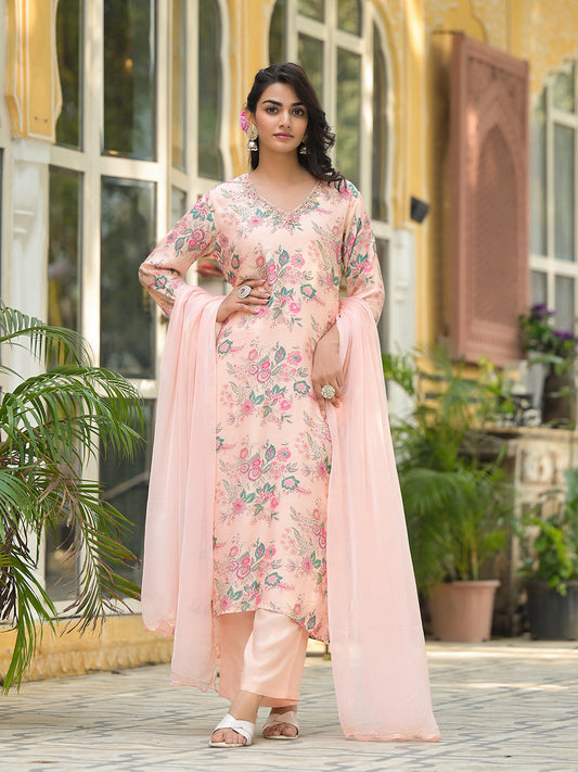 Divena Peach Floral Print Muslin Straight Kurta Set