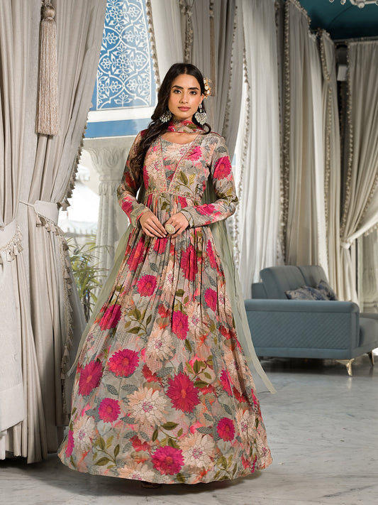 Pink Multi Digital Print Pure Crepe Long Party dress with Dupatta