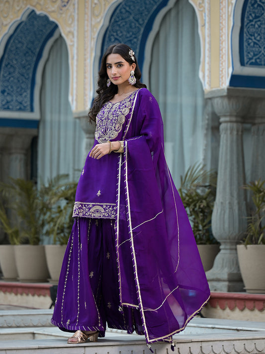 Purple Marodi Hand Work Russian Silk Kurta Sharara Set with Organza Dupatta