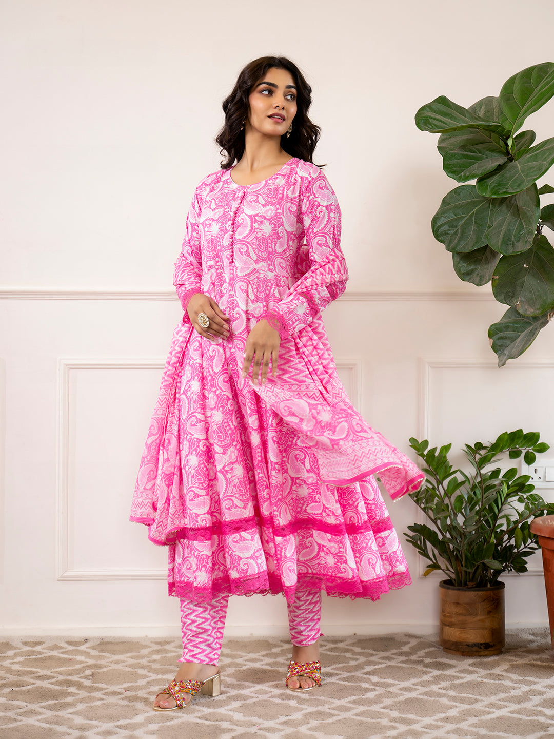 Divena Pink Floral Print Cotton Anarkali Kurta Trouser with Dupatta Set