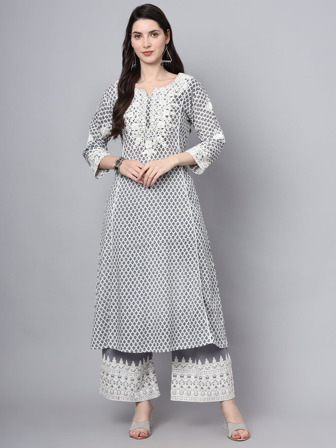 Divena White Blue Motif Print Rayon Kurta Palazzo Sets for Women