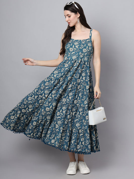 Divena Floral Printed Shoulder Straps Cotton Flared Dress