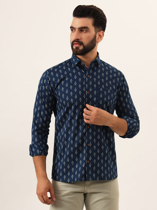 MILLENNIAL MEN Indigo blue Floral Print Pure Cotton Regular Fit Casual Shirt