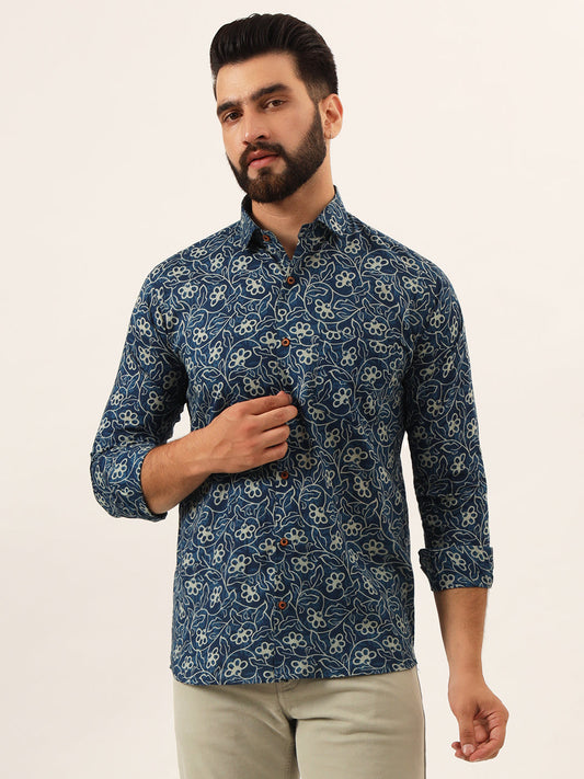 MILLENNIAL MEN Blue Floral Print Pure Cotton Regular Fit Casual Shirt