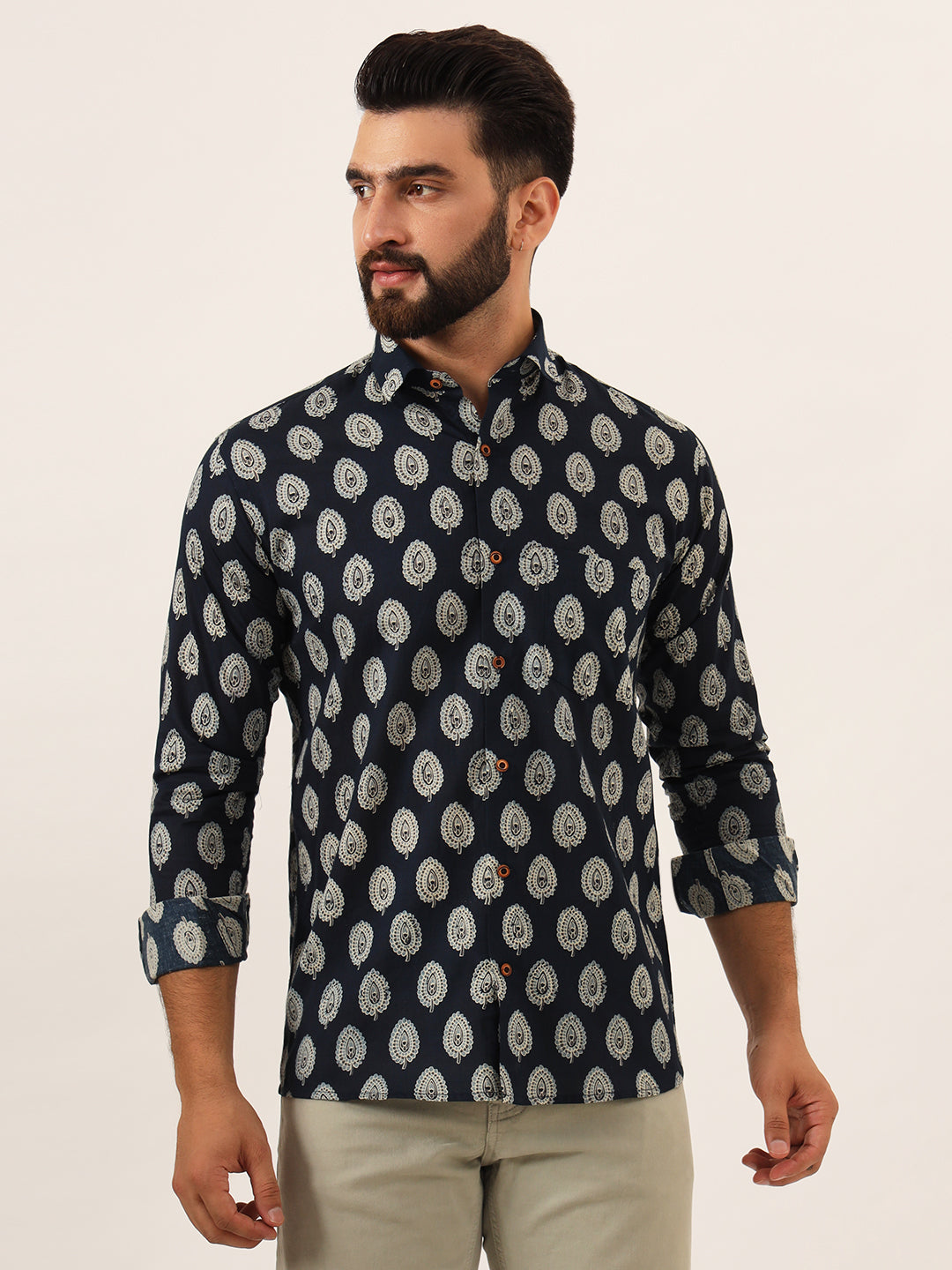 MILLENNIAL MEN Navy Blue Printed Pure Cotton Regular Fit Casual Full Sleeve