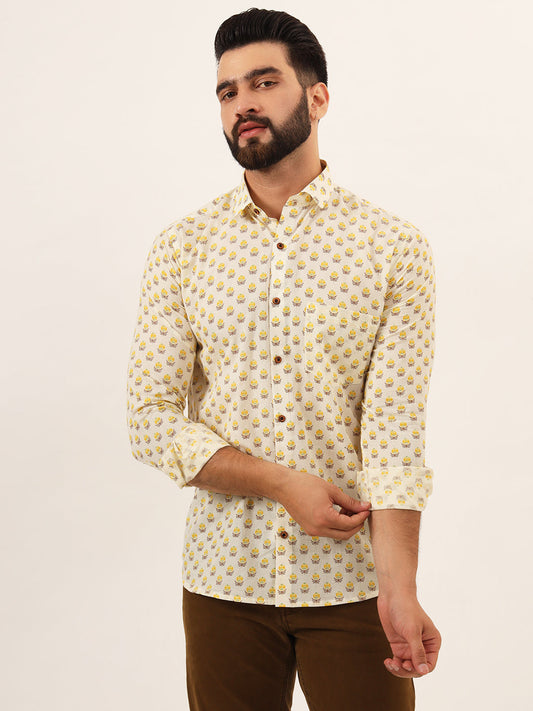 MILLENNIAL MEN Yellow Floral Print Pure Cotton Regular Fit Casual Shirt