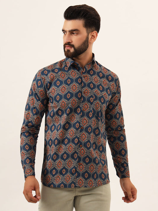 MILLENNIAL MEN Blue Printed Pure Cotton Regular Fit Casual Shirt