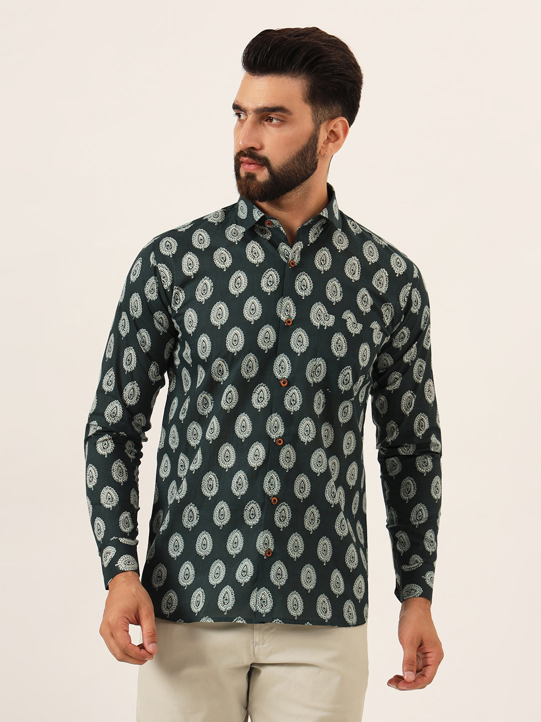 MILLENNIAL MEN Dark Green Printed Pure Cotton Regular Fit Casual Full Sleeve