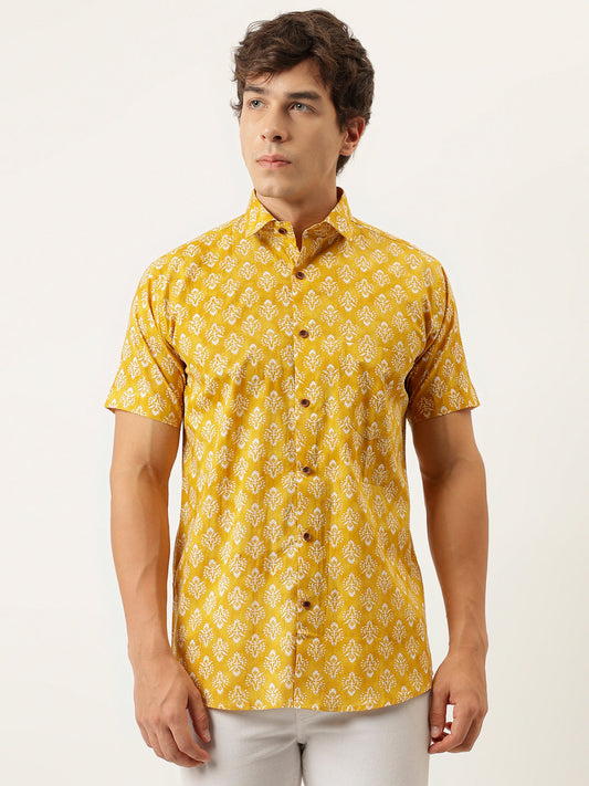 Millennial Men Mustard Printed Cotton Half Sleeve Shirts